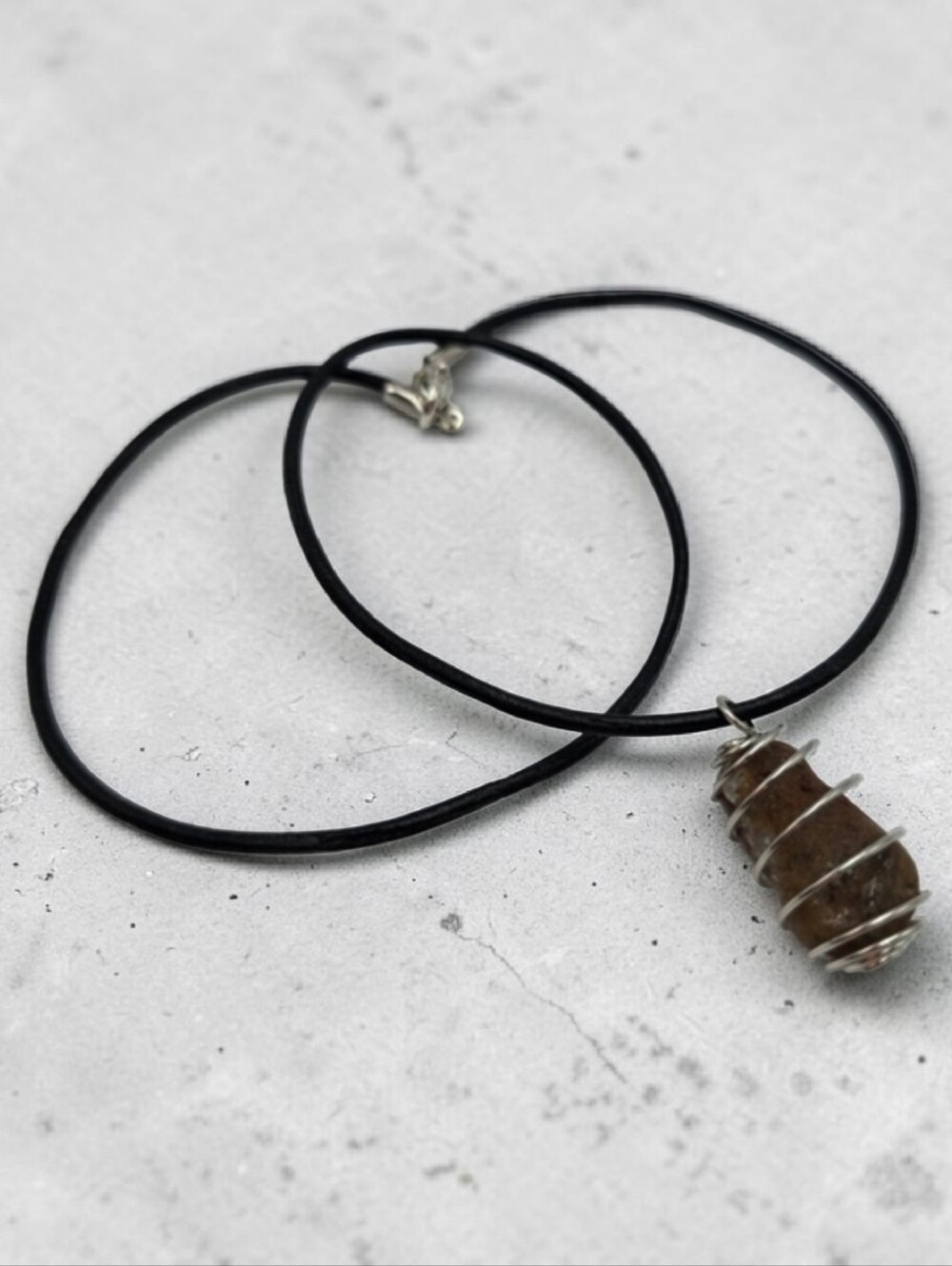 Handmade Bronzite Stone Pendant in Silver Spiral Cage Necklace